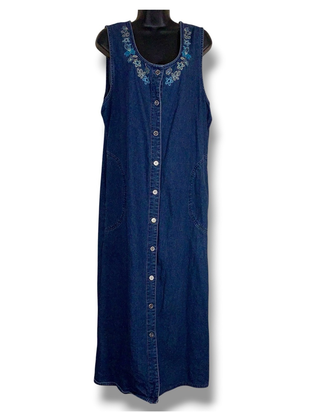 Vintage 90s Era Large Blue Denim Maxi Dress  Floral Embroidered Accent